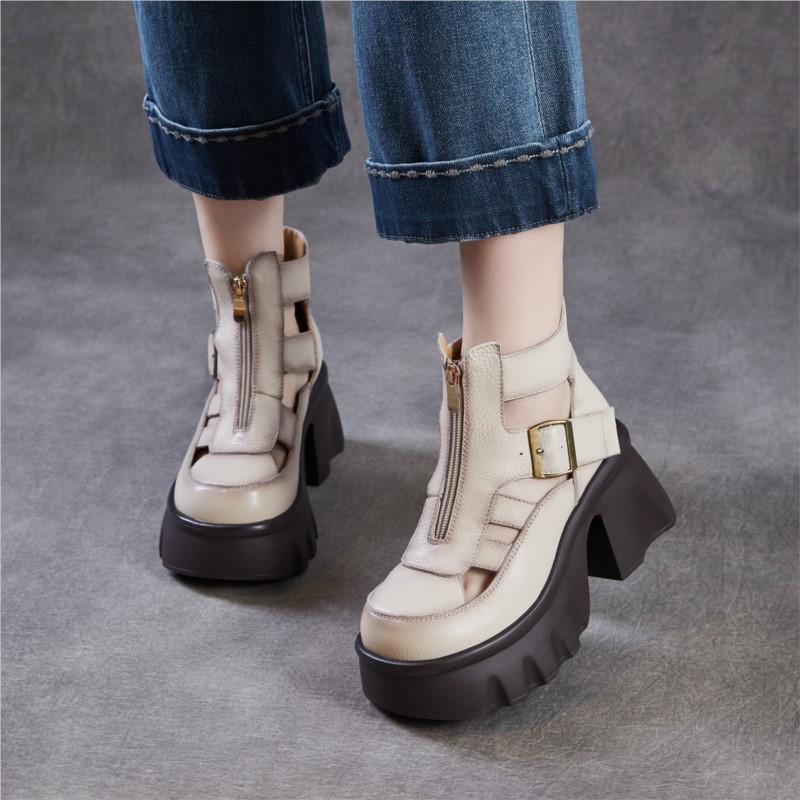 Johnature Sandale Romane Retro Piele Naturală Platformă Groasă Fermoar Botine Decupate Femei