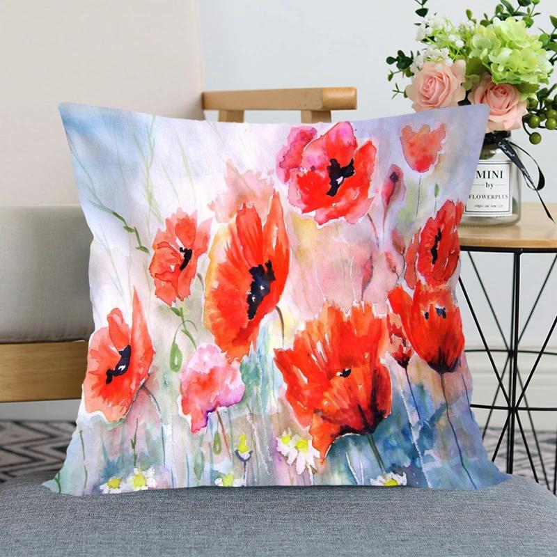 Rote Mohnblume Kissenbezug Schlafzimmer Heimdeko Schönes Geschenk Quadratisch Weich