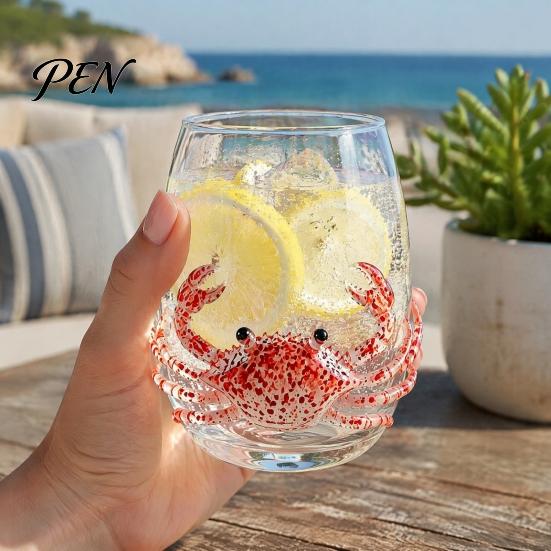 Elegante Bicchiere Acqua Oceano con Bordo Dorato 12oz Polpo, Design in Rilievo, Stile Marino Dipinto a Mano Sofisticata Bicchiereria Costiera per Bere per Amanti
