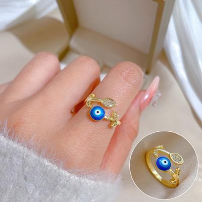 Real Gold Electroplated Leaf Eyes Zircon Fashion Slightly Inlaid Light Luxury Ring Index Finger Ring Same Cold Wind