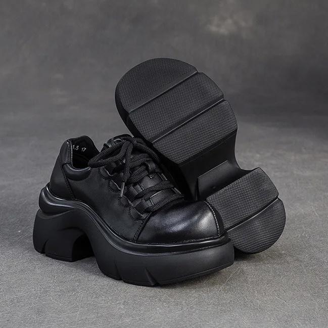 Johnature Genuine Leather Thick Soled High Heel Pumps Versatile Retro Round Toe Lace-up Women's Platform Shoes