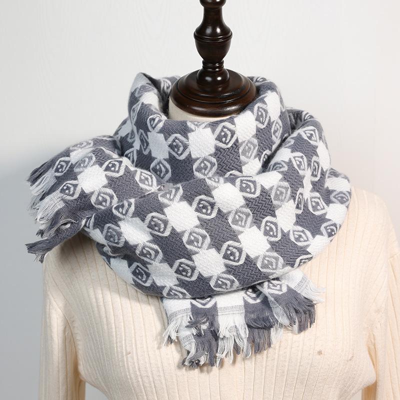 

Женский шарф с принтом в цветную сетку, длинный теплый белый/серый