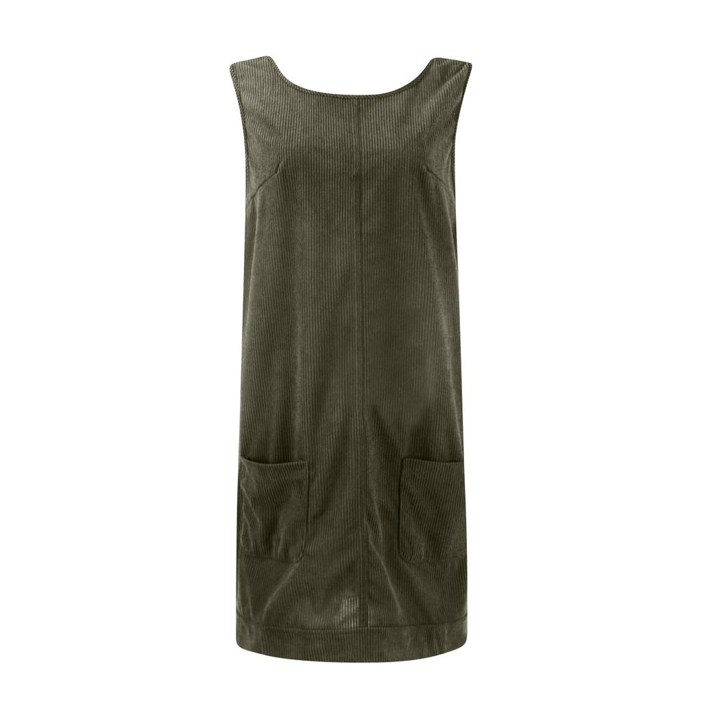 Women's Fashion Corduroy Solid Color Round Neck A Line Vest Dress Pinafore With Pockets