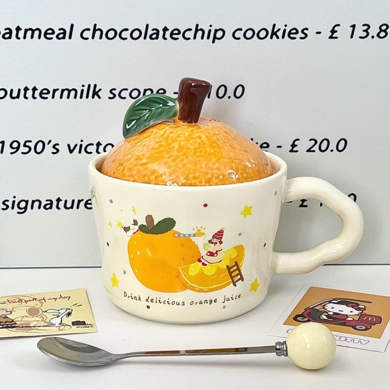 New Year's Gift Cute Orange Water Cup Boys and Girls Souvenir Gift Box High Value Ceramic Mug with Lid Spoon