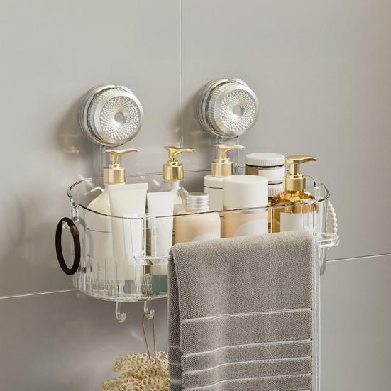 No-Drill Shower Caddy Removable Suction Cup Storage Shelf with Hooks Wall Mounted Clear Storage Box Bathroom Organizer for Shower Toiletries