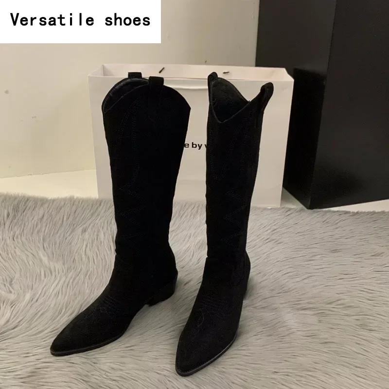 Women Cowboy Boots Fashion Square Low Heel Ladies Elegant Slip On Long Booties Winter Pointed Toe Women's Footwear