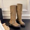 Autumn pleated round boots women's pile thick heel wind big tube circumference retro long tube belt buckle locomotive boots old
