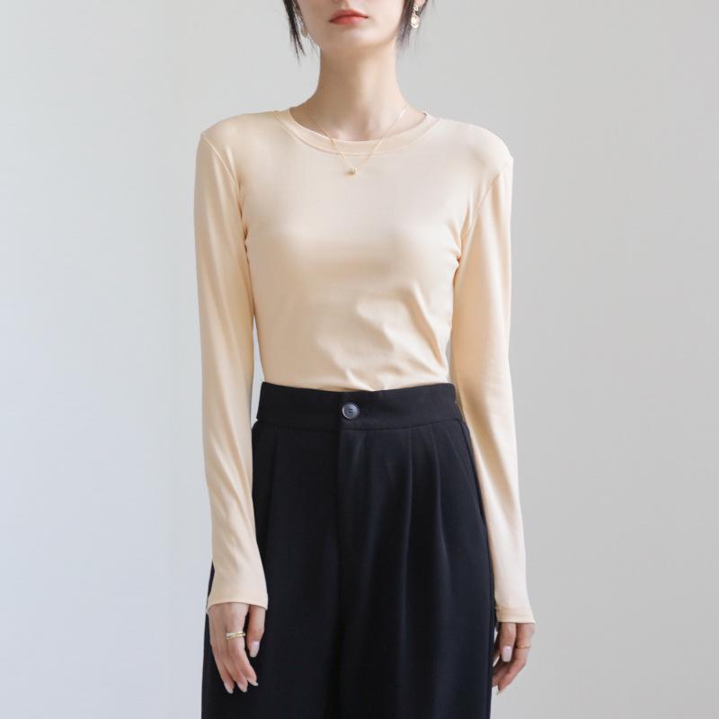 

2024 Женская приталенная футболка из чистого хлопка белого цвета с длинным рукавом - Модная базовая вещь с круглым вырезом M (fits 90-120 jin)