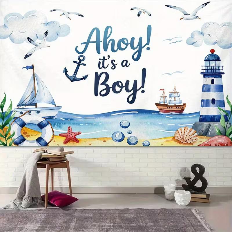 2D Coastal Ocean Ahoy It's a Boy Backdrop for Nautical Themed Baby Shower Decor