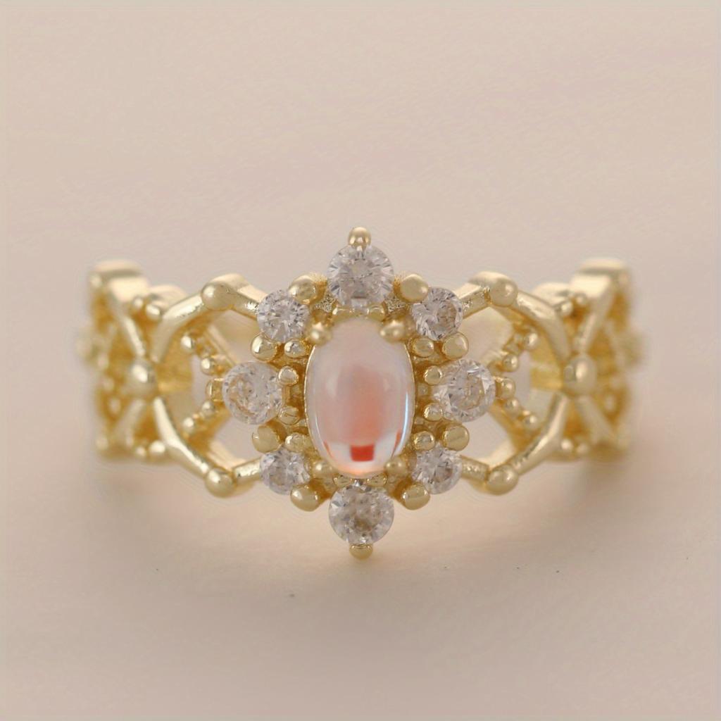 14K Gold Plated Adjustable Open Brass Ring for Women Hollow Leaf Design with Cubic Zirconia & Synthetic Opal Elegant Gift Women’s Rings