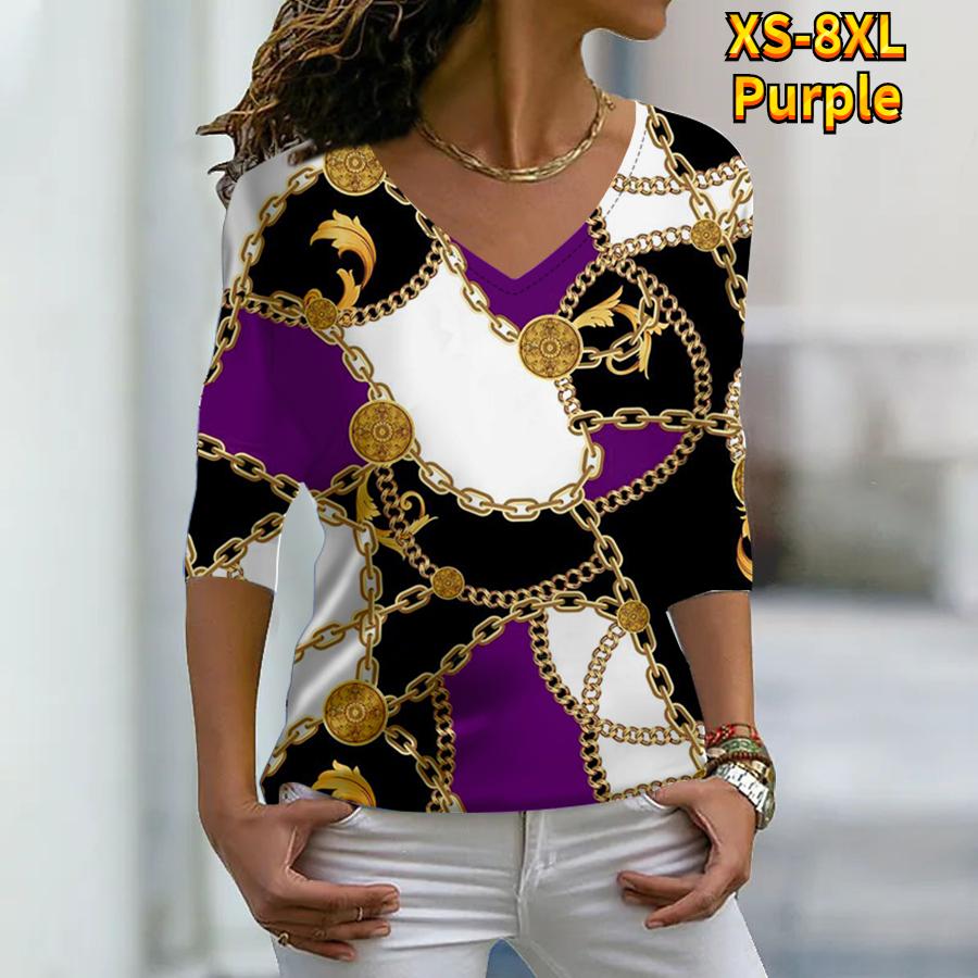 Kvinnor Höstblommor en guldkedja tryckta långärmade T-shirts Lös V-ringad T-shirt i plusstorlek Toppar Bekväm blus