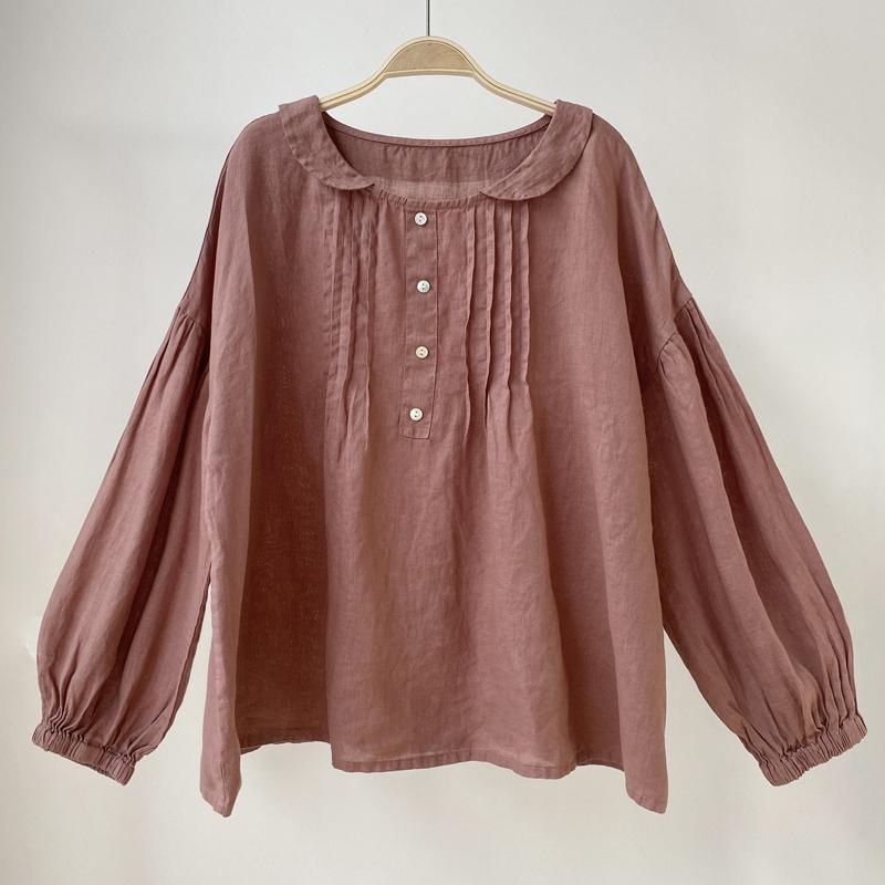 Johnature Lněné Dámské Košile Jarní Vintage Ležérní Jednobarevné Sklady Volné All Match Button Dámské halenky