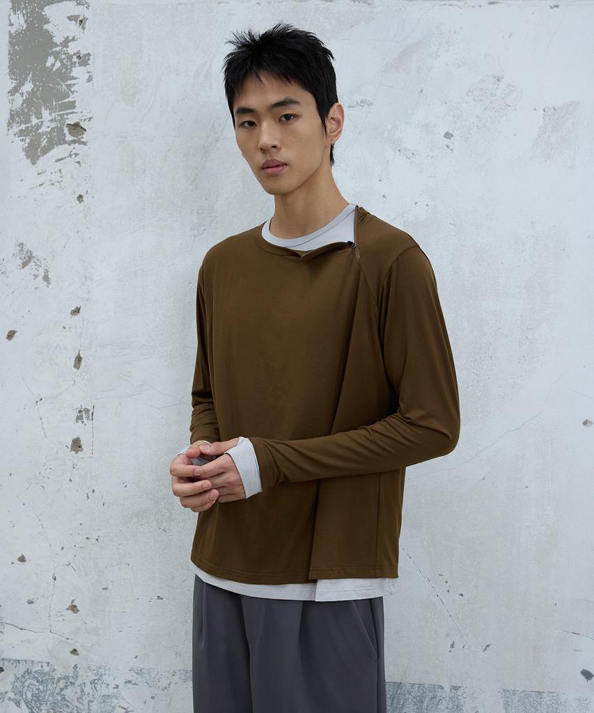 MICHIKO LONDON SPORTS Diagonal Layered Long Sleeve Khaki Brown