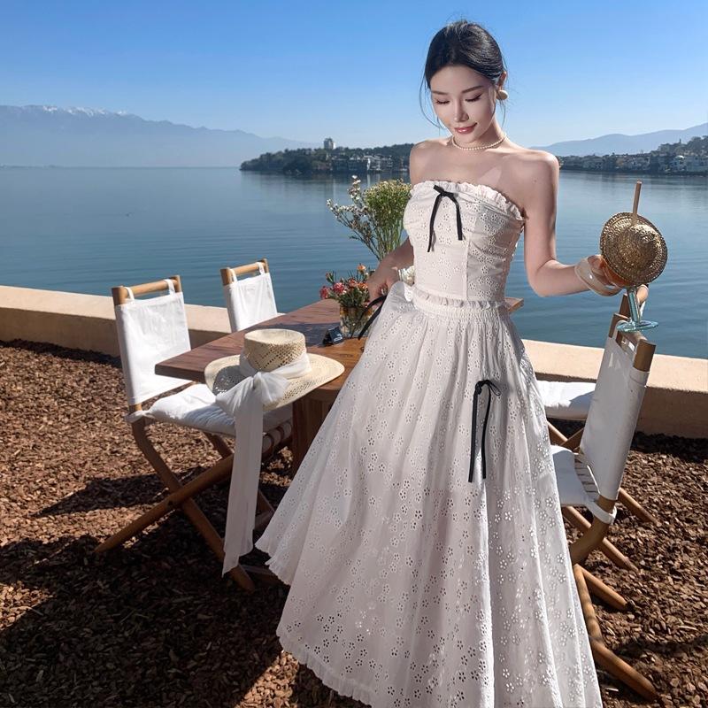 In Stock, Holiday Style Tube Top, Lace Top + Half-length Skirt, Two-piece Set, Summer Picture Color, Other Medium Skirts.