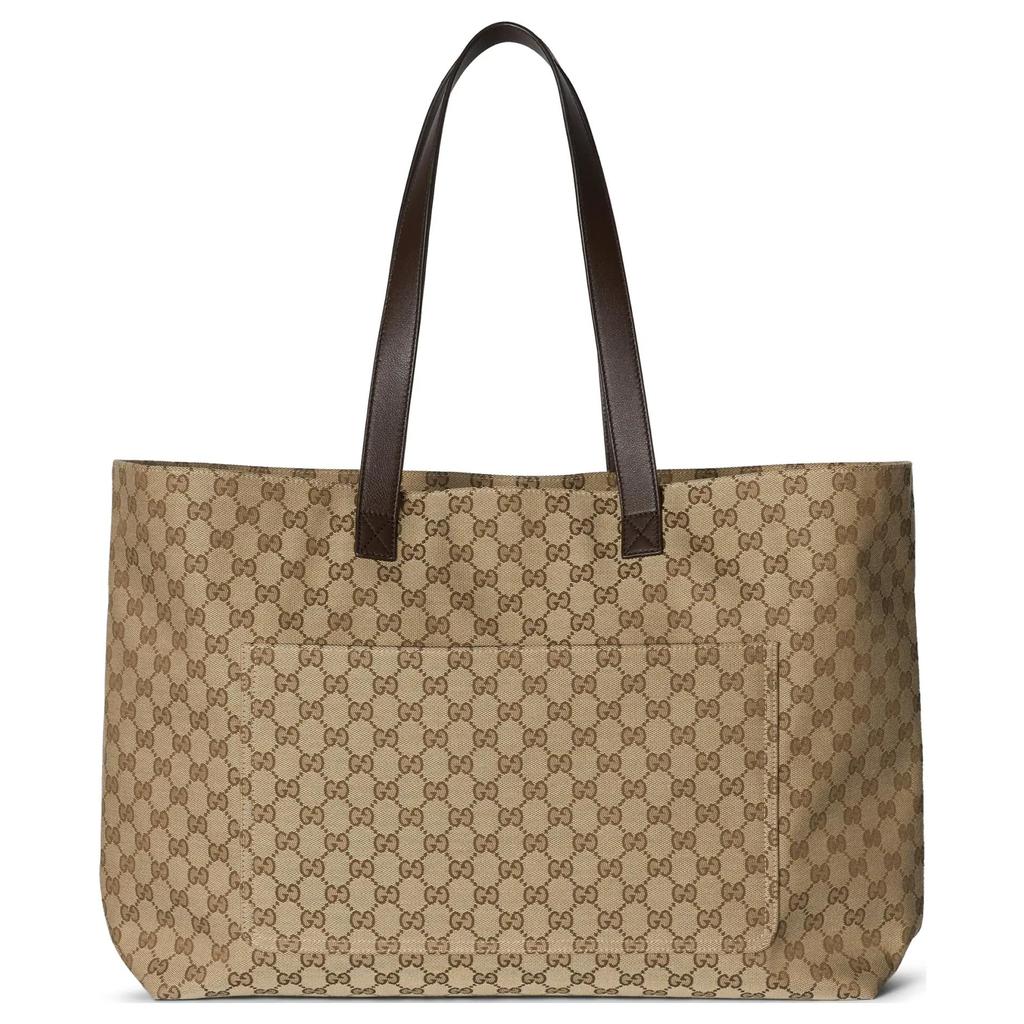 Gucci GG Supreme Canvas Front Pocket Tote Bag With Web Stripe In Beige For Unisex Daily Use