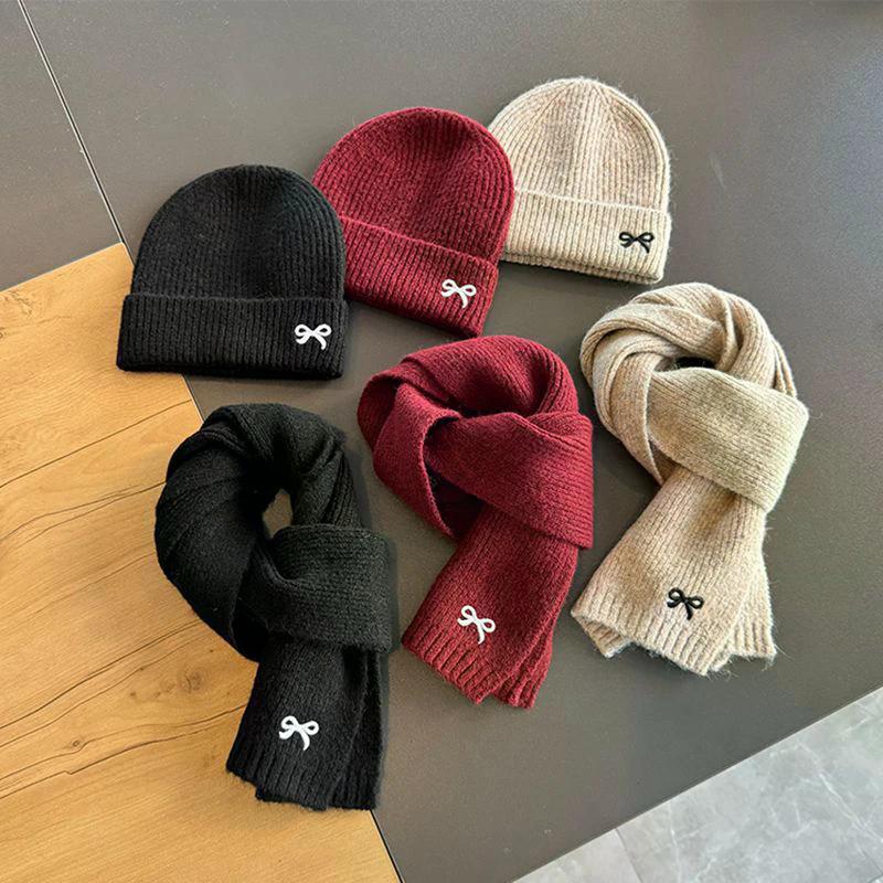 Autumn Winter Cute Bow Embroidered Knitted Cap And Scarf 2-piece Set For Children