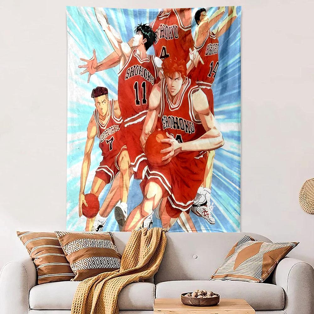 Slam Dunk Shohoku Basketball Team Sakura Rukue Red Jersey Blue Speed Lines Anime Wall Tapestry Manga Sports Decor for Boys Bedroom Gift