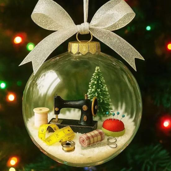 Christmas Ball Decoration Sewing Snowball Ornament Retro Sewing Machine Ribbon Transparent Ball Christmas Hanging Decor