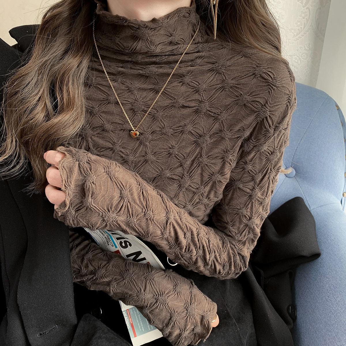 

Большой размер Женская внутренняя рубашка с длинным рукавом на осень и зиму с высоким воротом и плиссированной жаккардовой талией, тонкая футболка, топ M