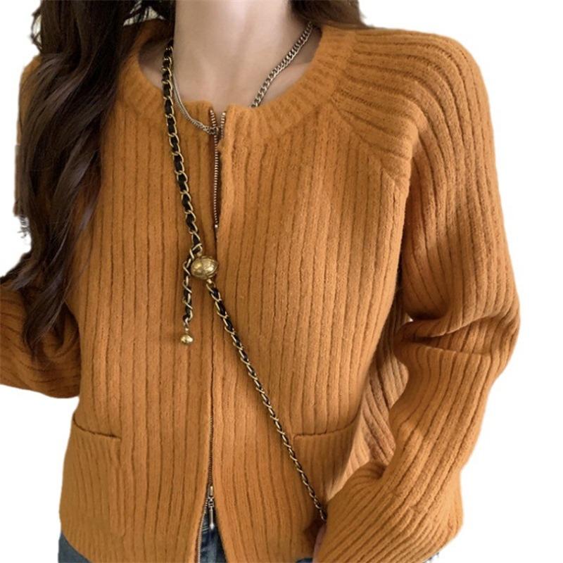 Autumn and Winter New Round Neck Zipper Knitted Cardigan Top Women's Retro Solid Color Soft Waxy Loose Sweater Jacket