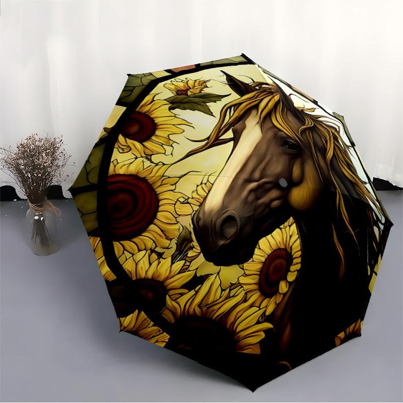 1pc Horse Sunflowers Automatic Opening/Closing Umbrella with Operation & Windproof Canopy yy260311022