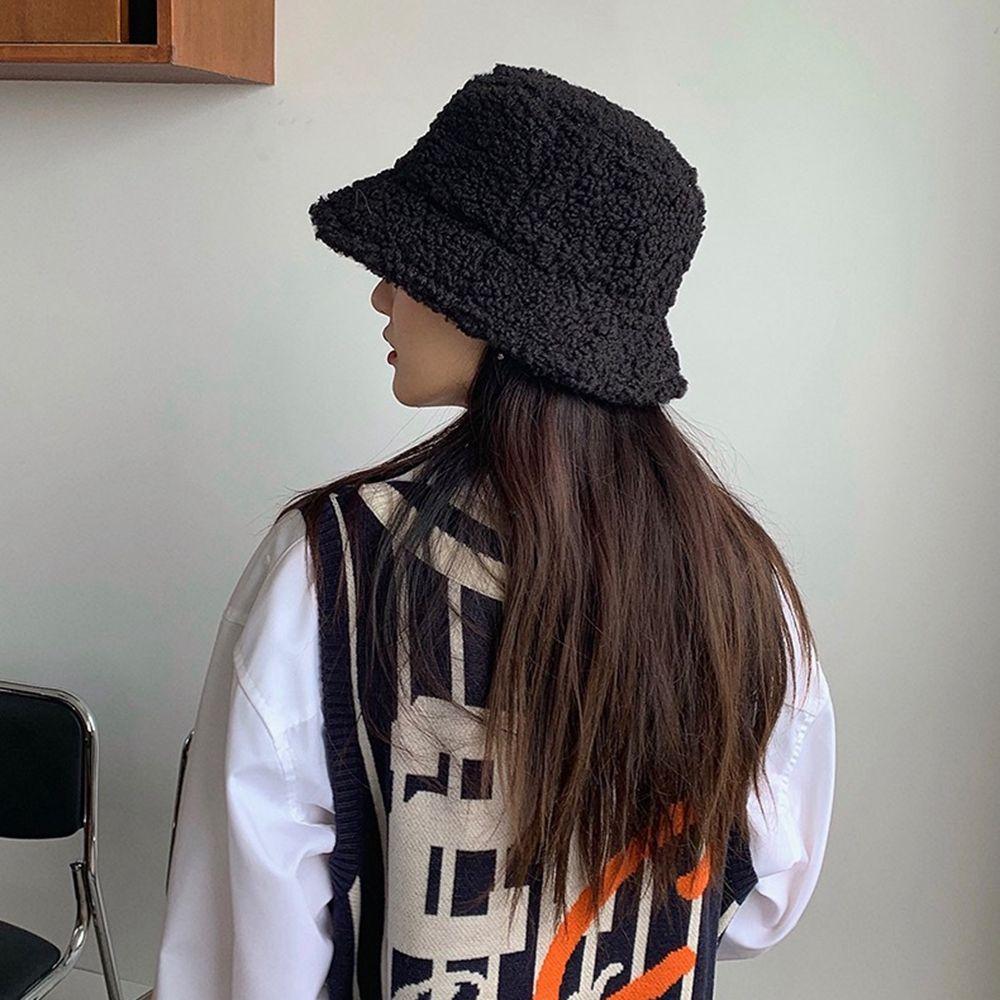 Girl Lamb Plush Autumn and Winter Korean Style Caps Pure Color Caps Lambwool Bucket Hat Female Hats