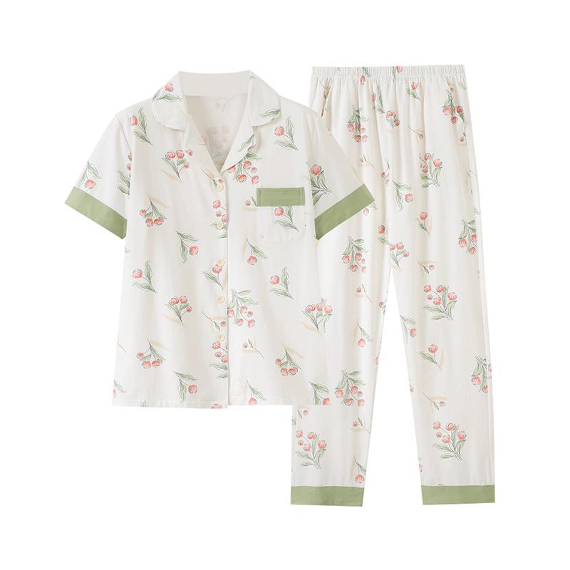 Pajamas women's summer cotton short-sleeved trousers thin summer 1011 new large-size summer cardigan loungewear