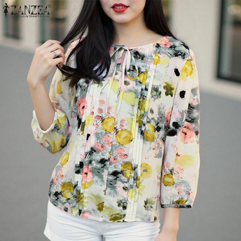 ZANZEA Women Casual Round Neck 3/4 Sleeve Loose Floral Print Blouse