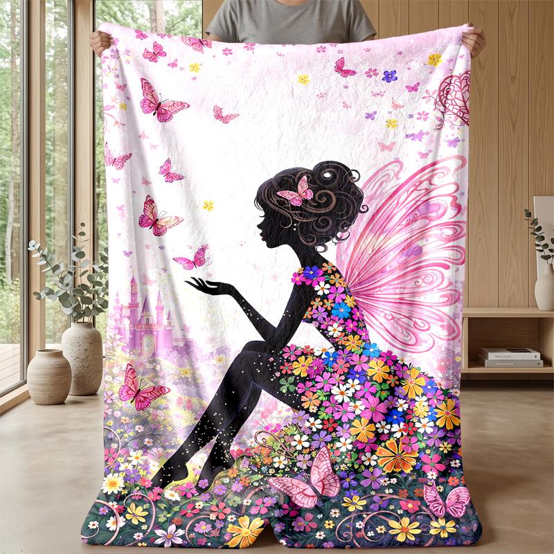 Fairy On Rose with Butterflies Theme Blanket Lightweight Warm Flannel Blanket Decorative Throw Blanket for Home Decoration