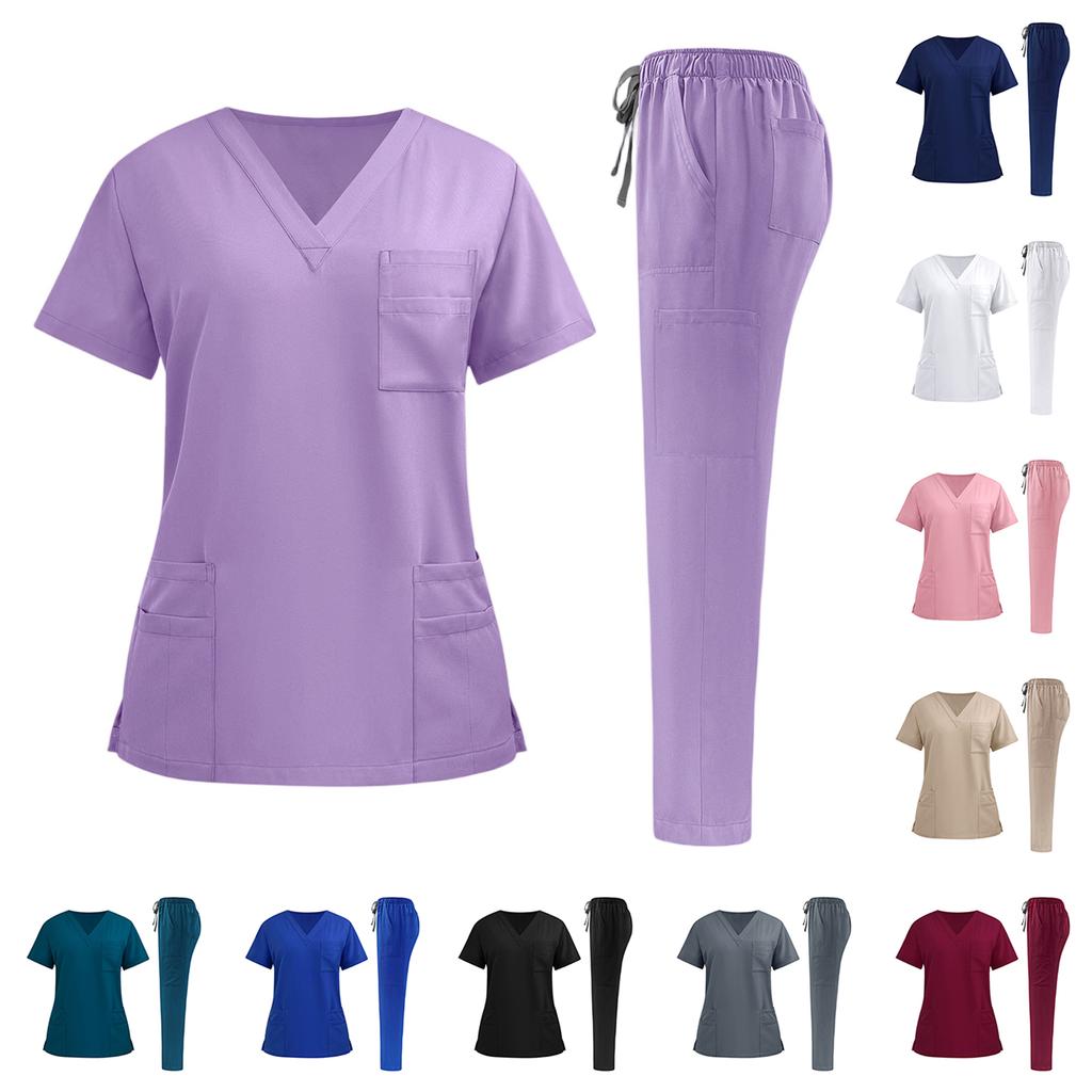 Damen Krankenpfleger Uniform Set Schnelltrocknendes Gewebe V-Ausschnitt Kurzarm Oberteil mit Taschen und Elastischem Bund Lange Hose Medizinische Arbeitskleidung Set