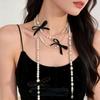 Elegant Multi Layered Pearl Ribbon Bow Layered Tassel Necklace Niche Sweet Drape Neck Chain Trendy Necklace Jewelry Accessories