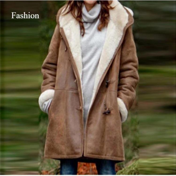 Winter Women's Coat Medium Long Hooded Casual Button Cardigan Warm Solid Color Simple Original Style