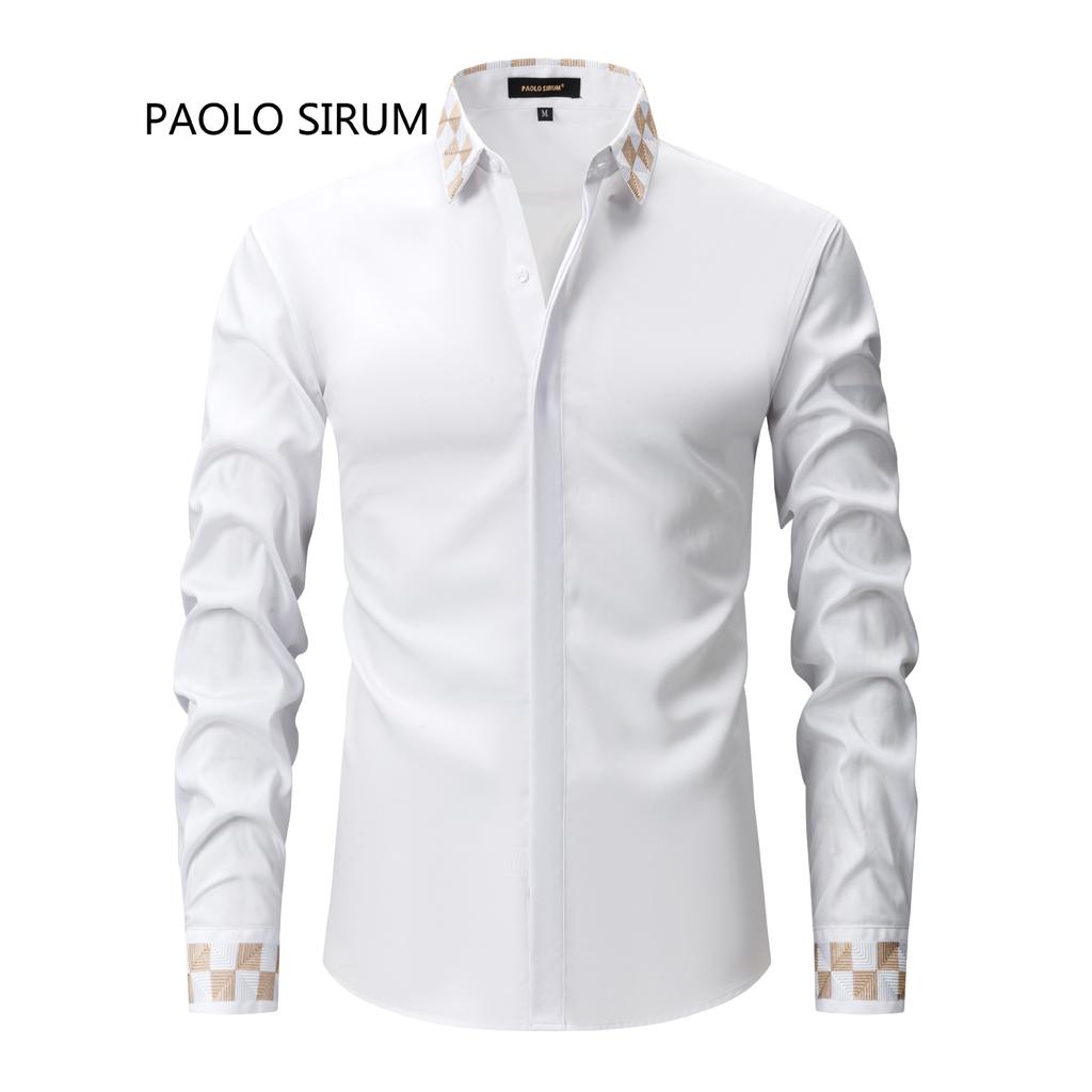 Fashionable Embroidered Long-sleeved Men's Shirts Fashionable Versatile Lapel Long-sleeved Casual Button Splicing Cardigan