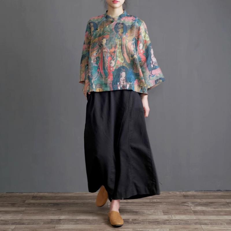 2026 Artistic Cotton Linen Plus Size Wide Leg Elastic Waist Culottes Skirt Pants for Women