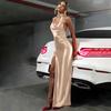 Satin Swing Collar Hanging Neck Atmosphere Ribbon Split Dress 2025 Summer New Sexy Big Backless Guest dresses