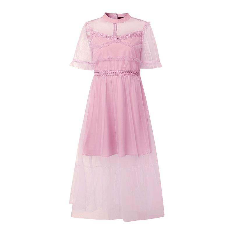 ZANZEA Abito casual da donna elegante con inserti in rete, girocollo, manica corta
