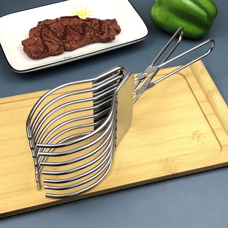 1 Pcs Stainless Steel Roast Meat Bread Cutting Tongs Effortless Slicing Food Holder Handheld Cheese Cutter Kitchen Supplies