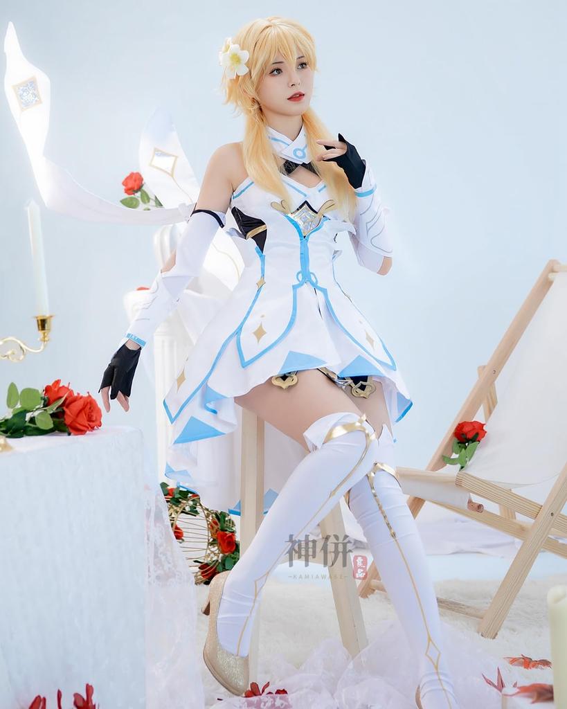 Genshin Lumine Cosplay Costume with Honorable Knight Traveler Full Adult Costume for School Genshin Impact with Size [Excellent Quality] Wig, (Little