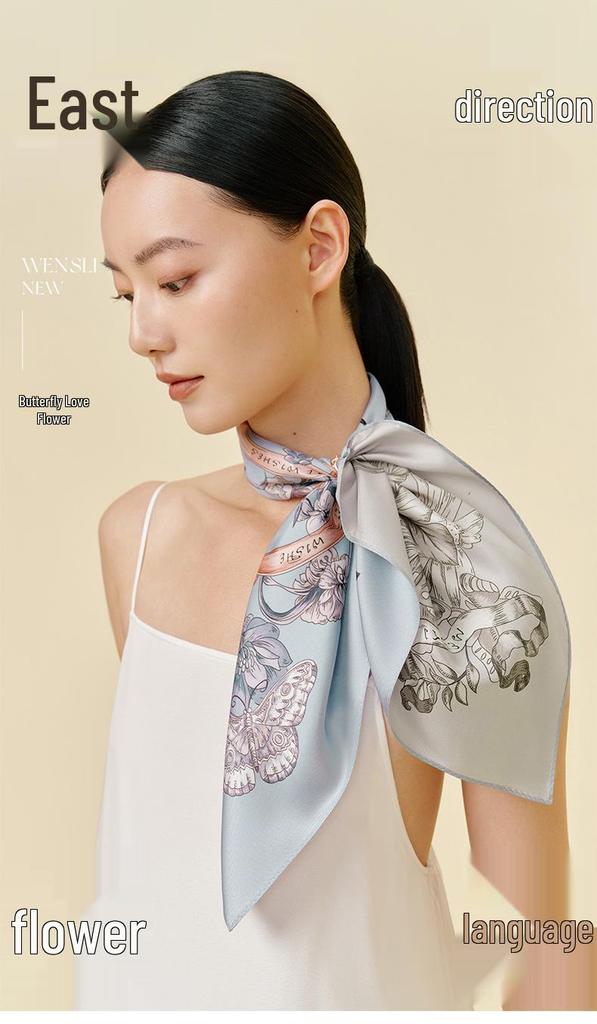 Wan Shi Li Spring Collection: Colorful Butterfly Silk Scarf – Real Mulberry Silk Twill, Double-Sided, Square, Perfect for Spring/Summer.