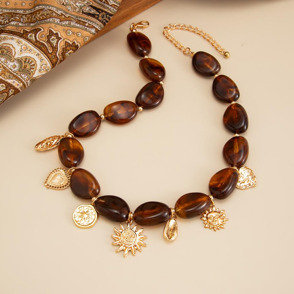 Vintage Lekki Luksusowy Naszyjnik z Żywicy z Koralikami z Kamienia Tygrysiego Oka, Modny Geometryczny Metalowy Wisiorek Naszyjnik na Obojczyk