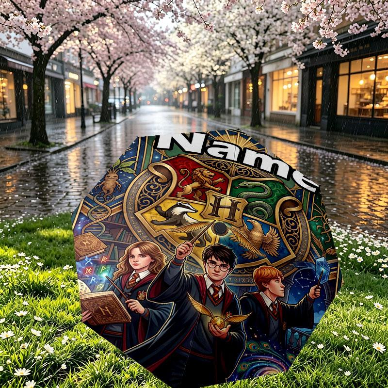 Custom Name Personalized Harry potter Print Umbrella, Auto Open Close, 8‑Rib Sturdy Frame, Commute Camping Hiking Use, Birthday Gift