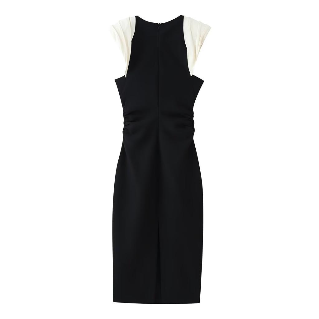 Summer new French sleeveless contrasting color splicing deep V-neck waist-wrapped hip-wrapped thin dress