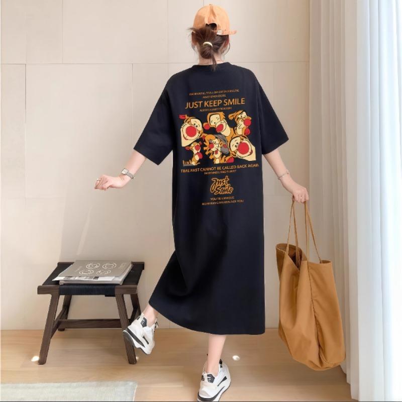 Damen Sommer T-Shirt Langes Überknie-Kleid Locker Schlitz Kurzarmkleid