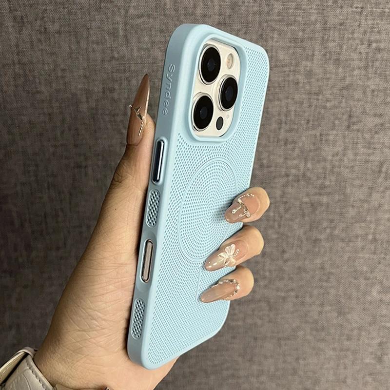 Luxury Mesh Hole Heat Dissipation Case for iPhone16 15 14 Plus 13 12 11 16Pro Max For Magsafe Wireless Charge Hard PC Thin Cover