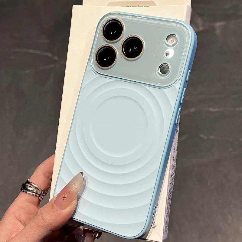 Luxury Solid Color Glossy Camera Case For iPhone 17 16 15 Pro Max For Magsafe Magnet Liquid Wave Pattern Shockproof Candy Cover