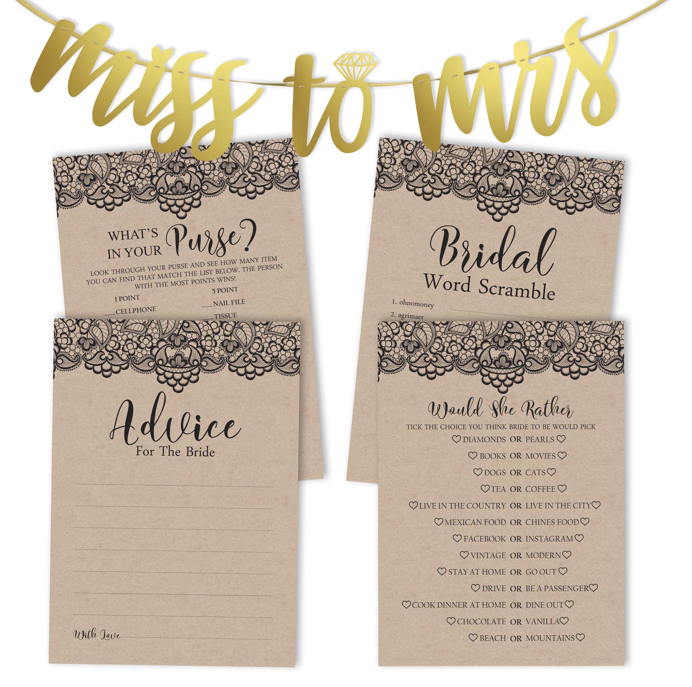 

Inkdotpot Bachelorette Party Games Set Bundle Victorian Black Lace Kraft Of 4(50 Sheets Each) w Miss to Mrs Gold Banner Fun Bridal Shower Games 5 x 7 Inches бежевий