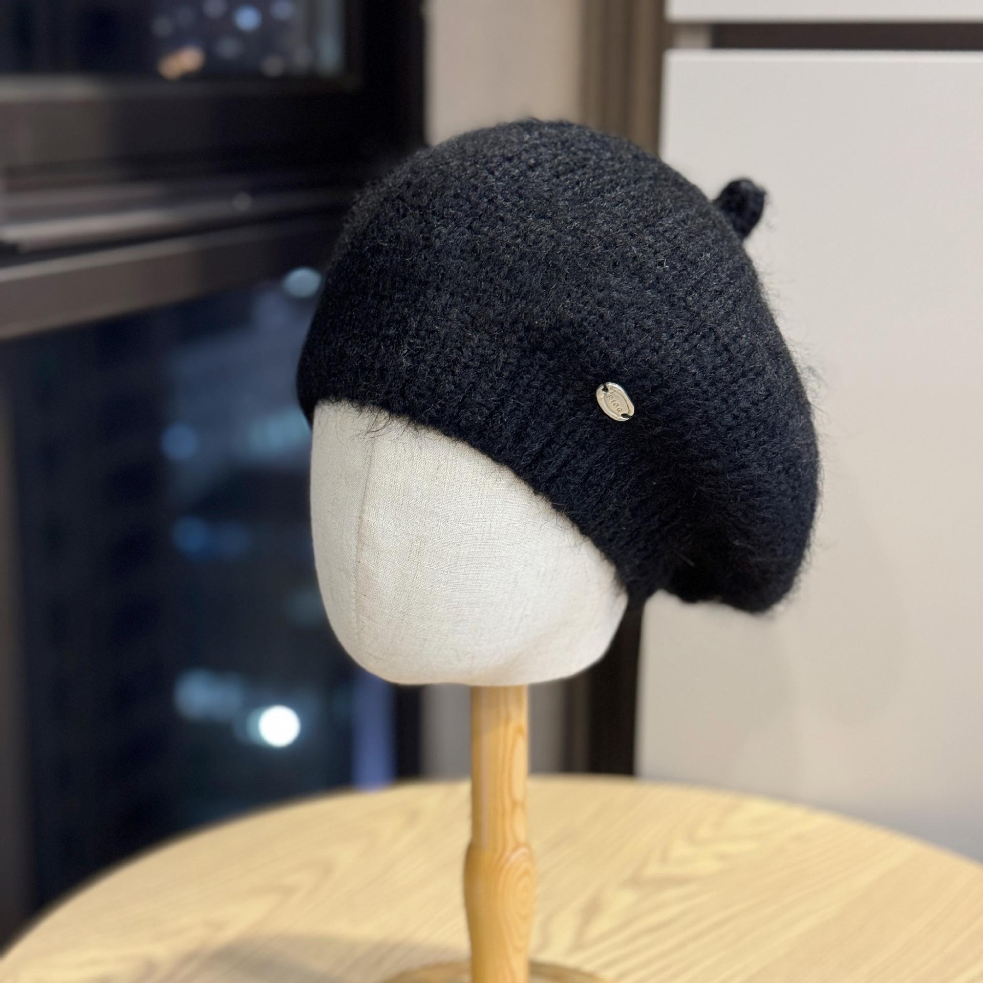 

Women s woolen beret for autumn and winter, cute knitted warm cloud hat, artist hat, large head circumference pumpkin beret Adult54-60Adjustable чёрный