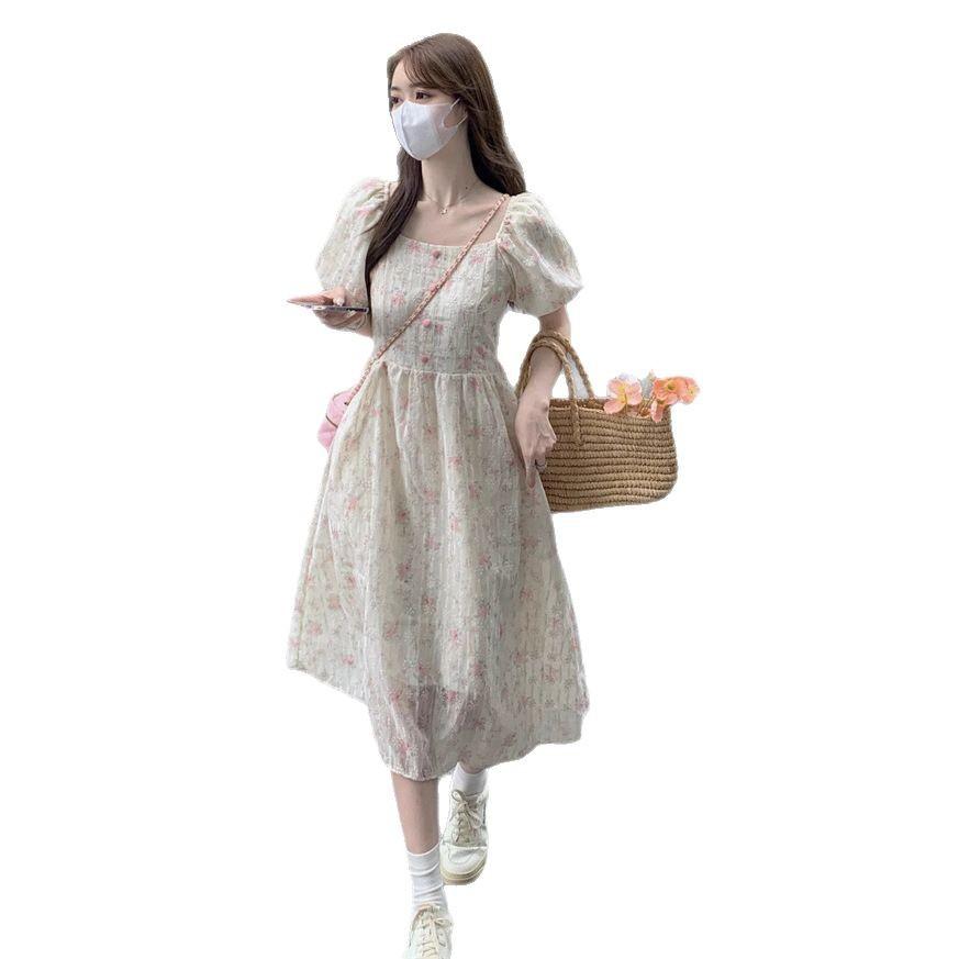 French gentle wind floral dress women's summer new high-end temperament waist bubble sleeves fairy first love long dress