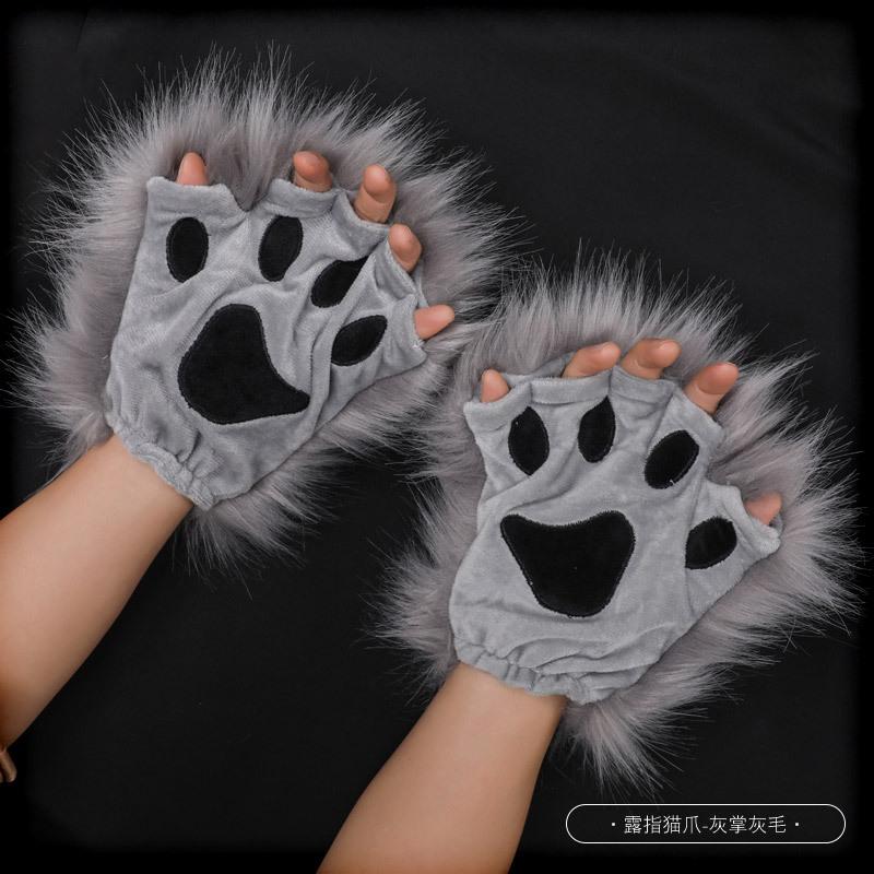 Harajuku Women Girls Plush Animal Claw Gloves Half Finger Wolf Cat'S Paw Gloves Halloween Lolita Cosplay Anime Set Accessories