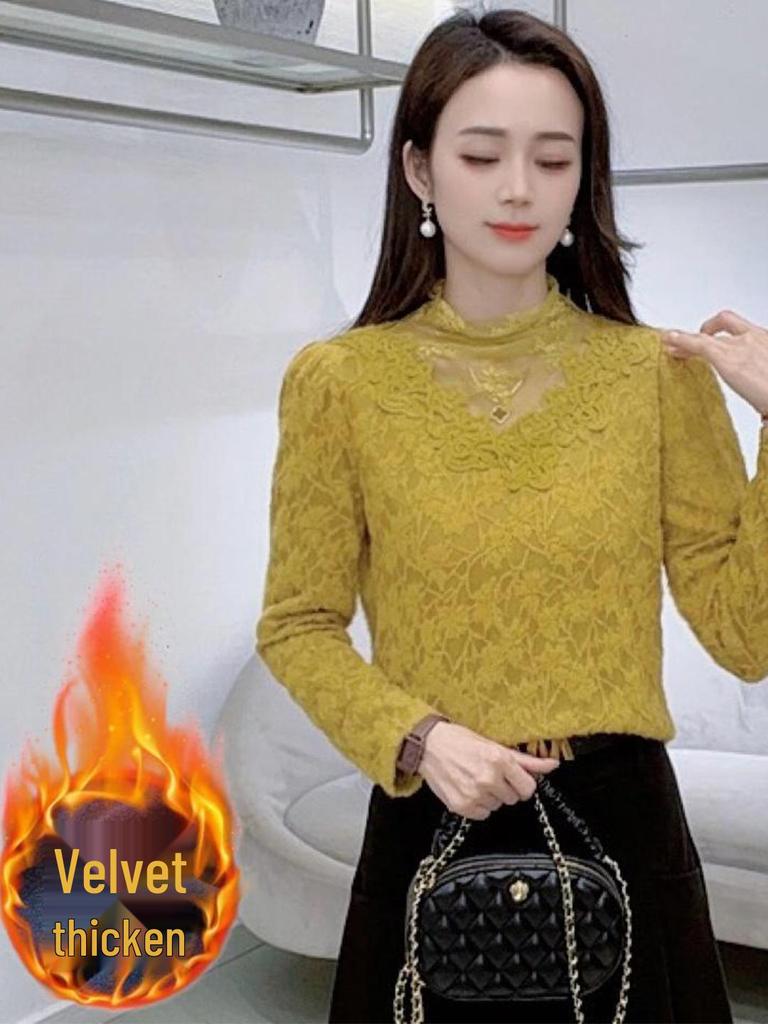 Elegant French-Style Velvet Lace Base Layer: Women's Winter Slimming Warm Top
